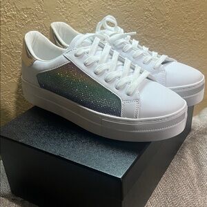 Nine West White Platform Sneakers with Iridescent (Rainbow) 🌈 Side Panel